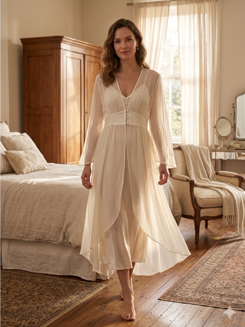 Valerie Stevens Cream Sheer Lace-Trim Wrap Robe Size L